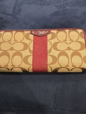 Coach Signature Logo Canvas Zip Wallet with Burgundy Stripe